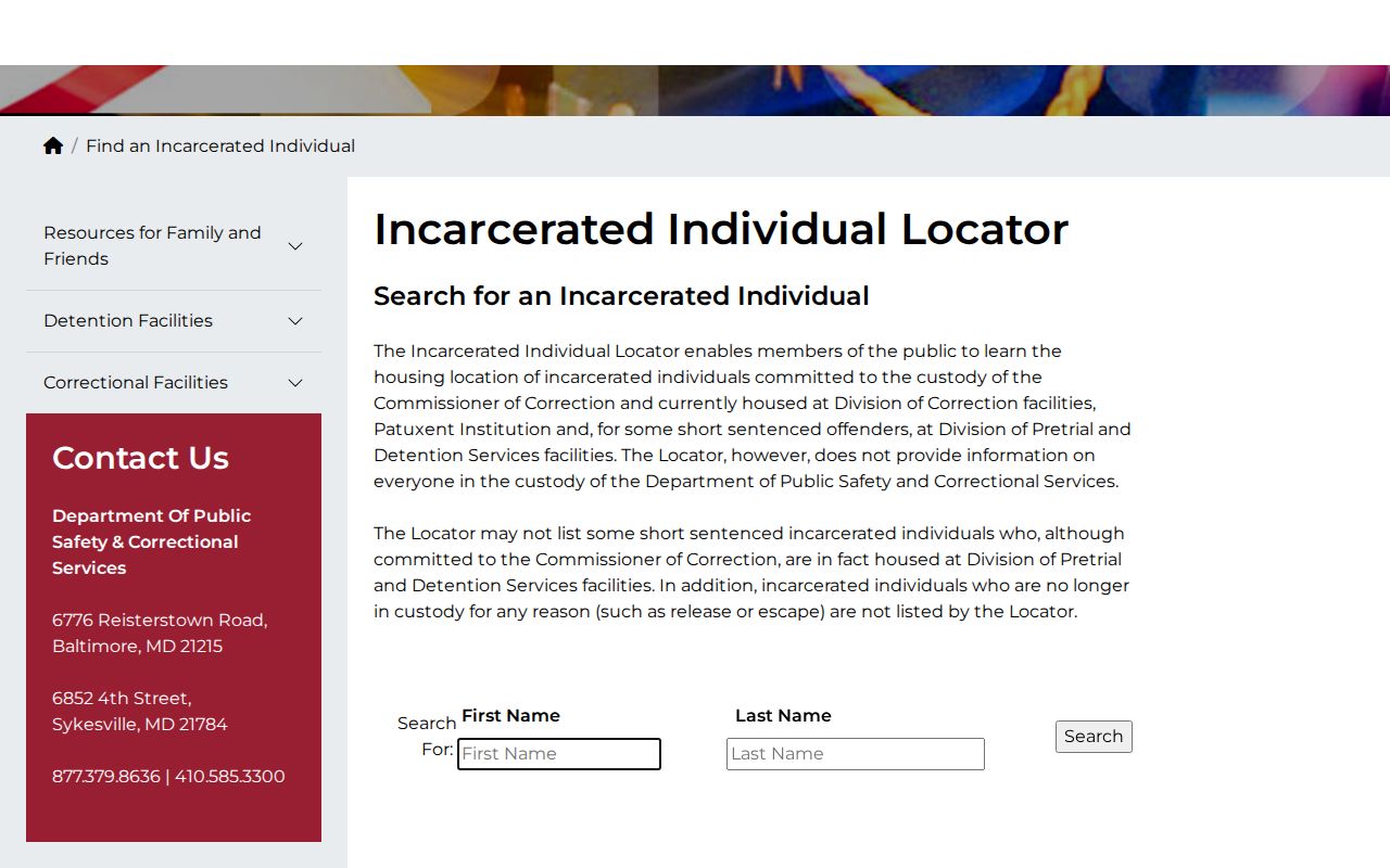 Maryland DPSCS locator limitation for Worcester County released inmates