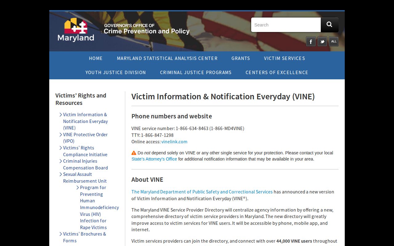 Maryland VINE phone access and warning for Worcester County release alerts